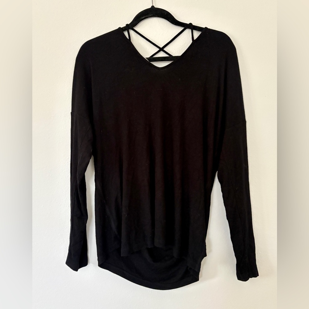 Michael Stars Black Ribbed V Neck Lace Up Long Sleeve Top Y2K Cottagecore Style - Picture 2 of 5
